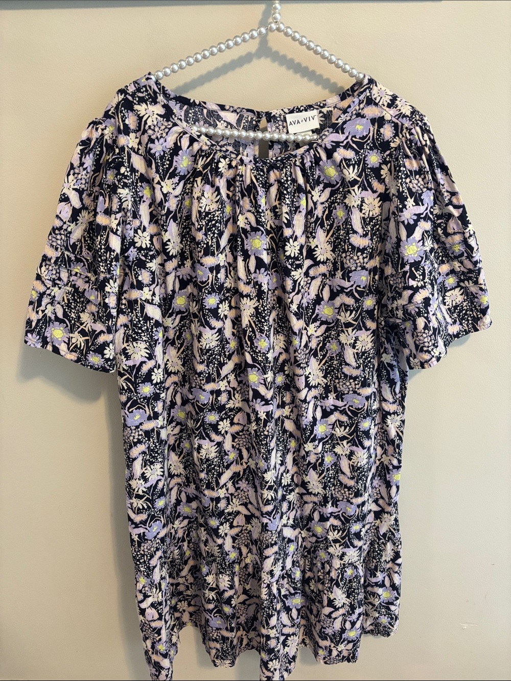 Ava & Viv 1X Dress Plus Size 100% Cotton Floral Shift Tiered Puff Sleeve Purple